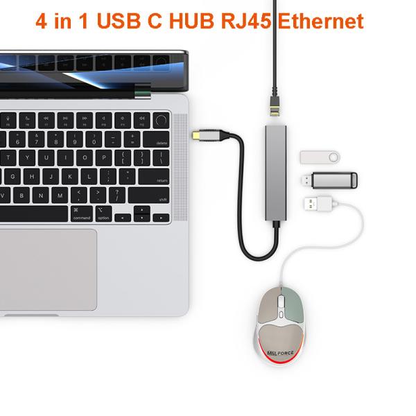 Hub USB Type C Multi Port 4 en 1 3.0 USB HUB RJ45 Ethernet