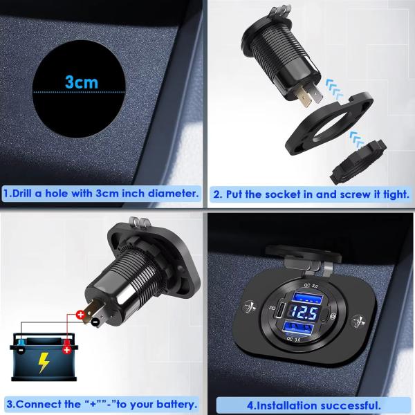 Fast Car Charger Type C Power Outlet UBS For Car  With Voltmeter