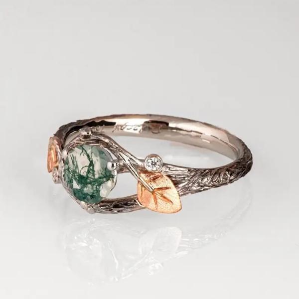 925 Silver Green Round Shaped Moss Crystal Meaning Agate Jewelry For Sale Unique Wedding Ring