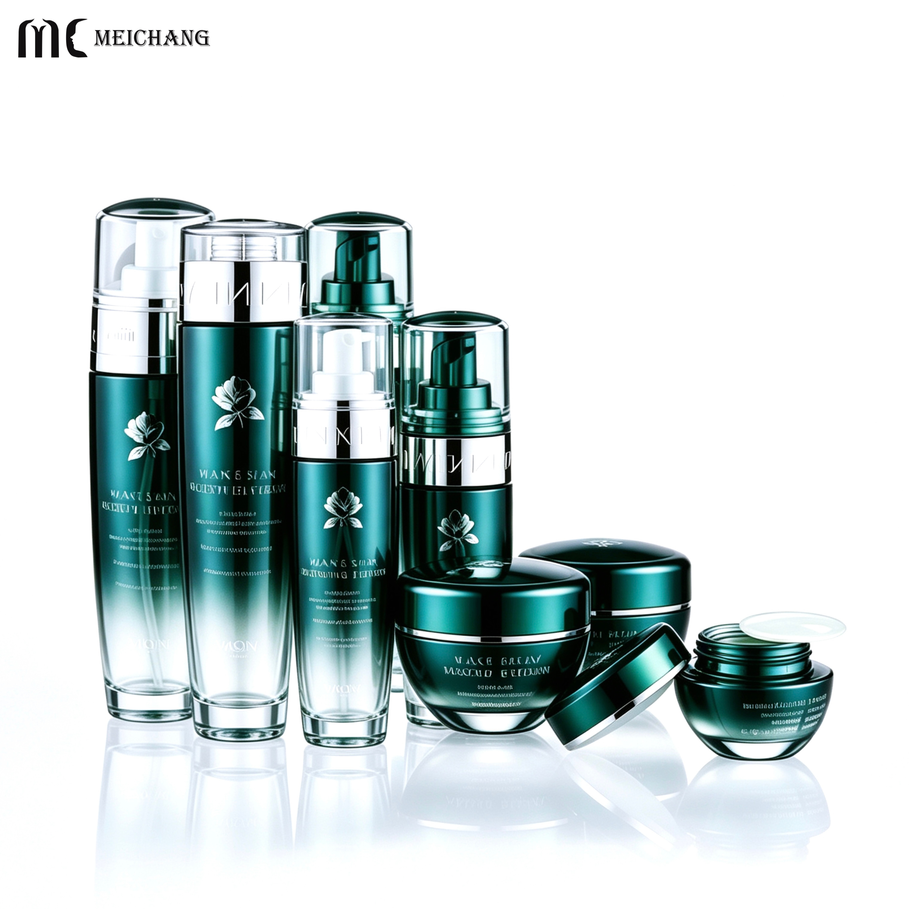30g/50g/40ml/50ml/100ml/120ml Luxury Electroplated Glass Skincare Packaging Set with Streamlined Bottles & Spherical Cream Jars(MC-330)