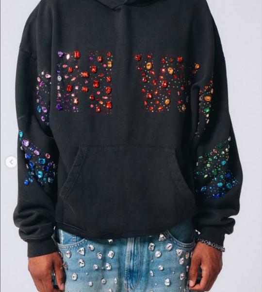 Custom Crystals Heavyweight Vintage Y2K Streetwear Pullover Hoodie 500 Gsm Cotton Terry Men Rhinestone Hoodies