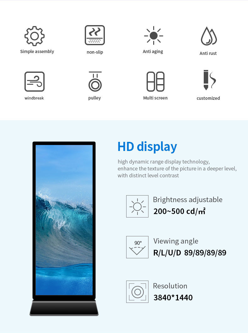 Edgeless пол 4K стоя киоск Signage цифров для рекламы