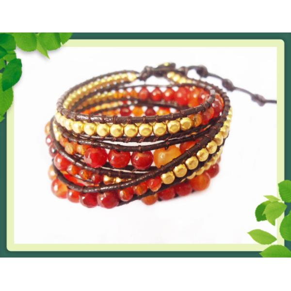 82cm Semi Gemstone Leather Wrap Bracelets / Red Agate Stone Beads Bangle