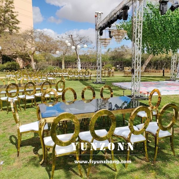 Modern Rectangular Dining Table With Stainless Steel Frame and Glass Top for Outdoor Events for Weddings Hotels