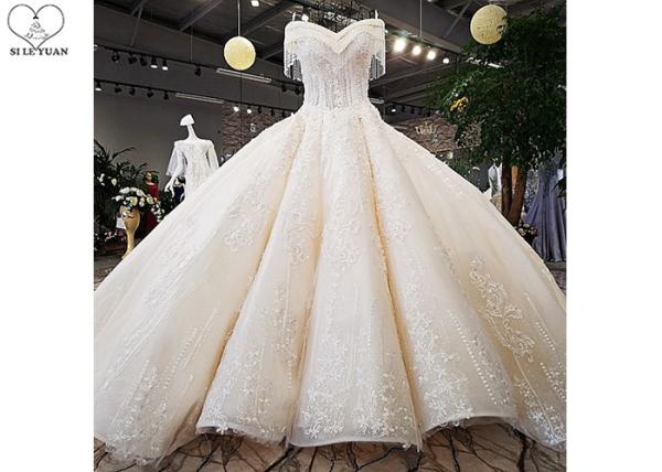 Champagne Off Shoulder Wedding Gown , Big Ball Gown Dresses Beaded Tassels