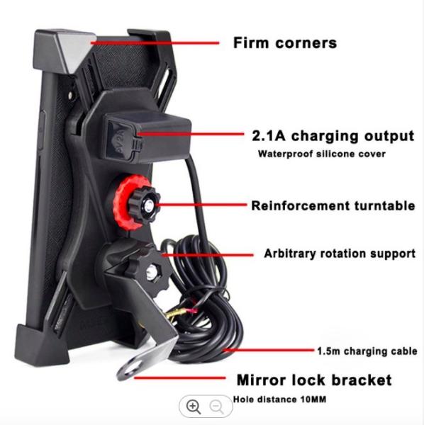 Telescopic Waterproof Bike Phone Stand , 5V 2A Phone Holder For Motorcycle