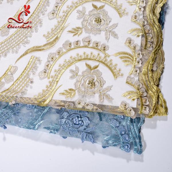 Heavy Tulle Beaded Embroidered Lace Fabric For Bridal Dress Azo Free Dyeing