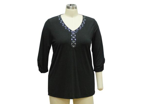 V Neck Ladies Casual T Shirts Three Quarter Sleeve Tops Bling Neckties Decoration