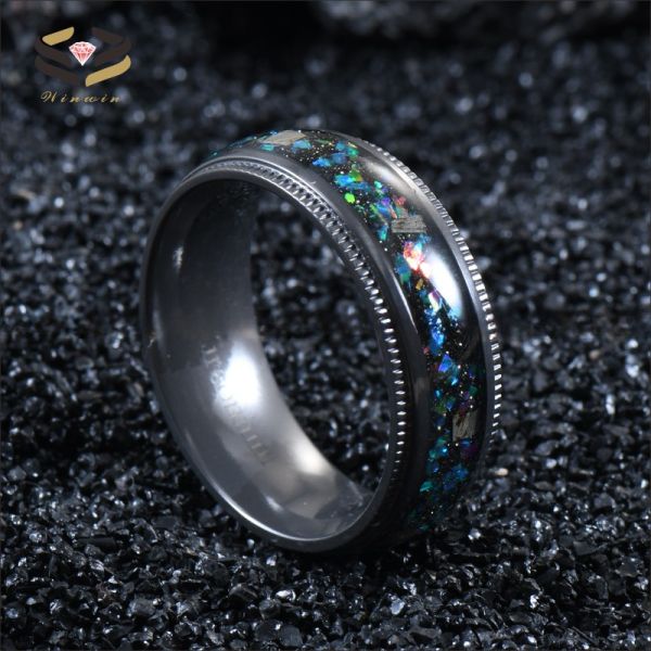 High Polished Black Zirconium 8mm Ring featuring Meteorite Inlay and Galaxy Opal Shaving for Other Religious Type