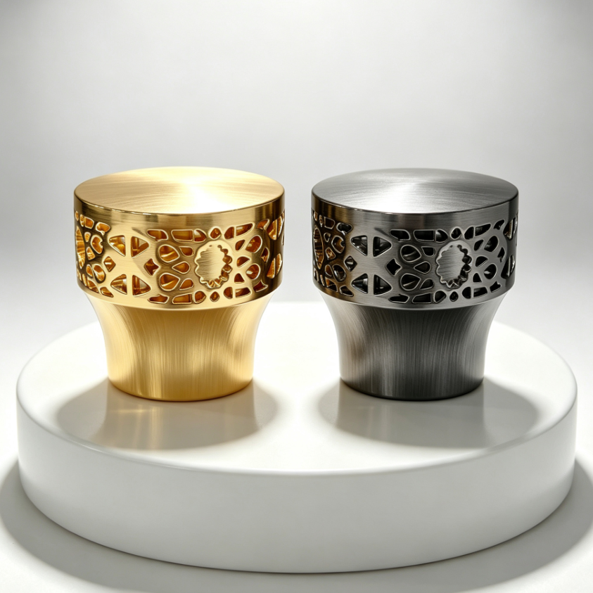 Luxury Brushed Gold Hollow‑Out Zamac Perfume Cap, Cutout Textured Zinc Alloy Fragrance Bottle Lid, Custom Logo Hollow Carved Metal Perfume Cover