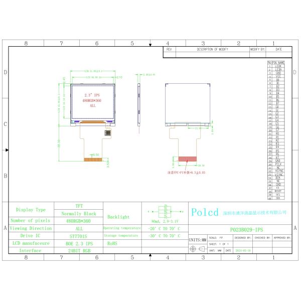 Polcd RoHS Small 2.3 Inch 480x360 TFT Screen Module IPS Full Color RGB SPI 2.31 Inch Tft LCD Display