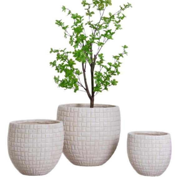 Planteur en argile de fibre ronde beige neutre avec motif à carreaux léger durable à faible entretien pot de fleurs vacances villa hôtel centre commercial décoration de bureau projet d'aménagement paysager de jardin