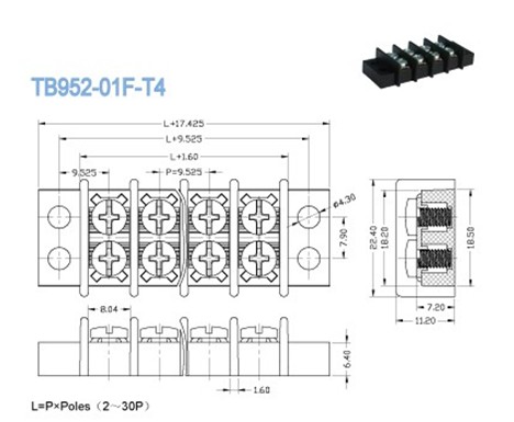 Блок двойного барьера уровней 9.525mm терминальный, блоки 300V 20A электрические терминальные