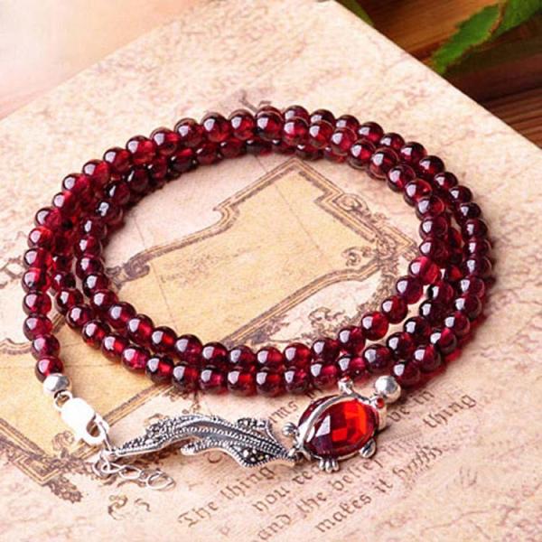 4mm Round Genuine Garnet Beads Bracelet with 925 Silver Marcasite Goldfish Charm 20 inches (B120702)