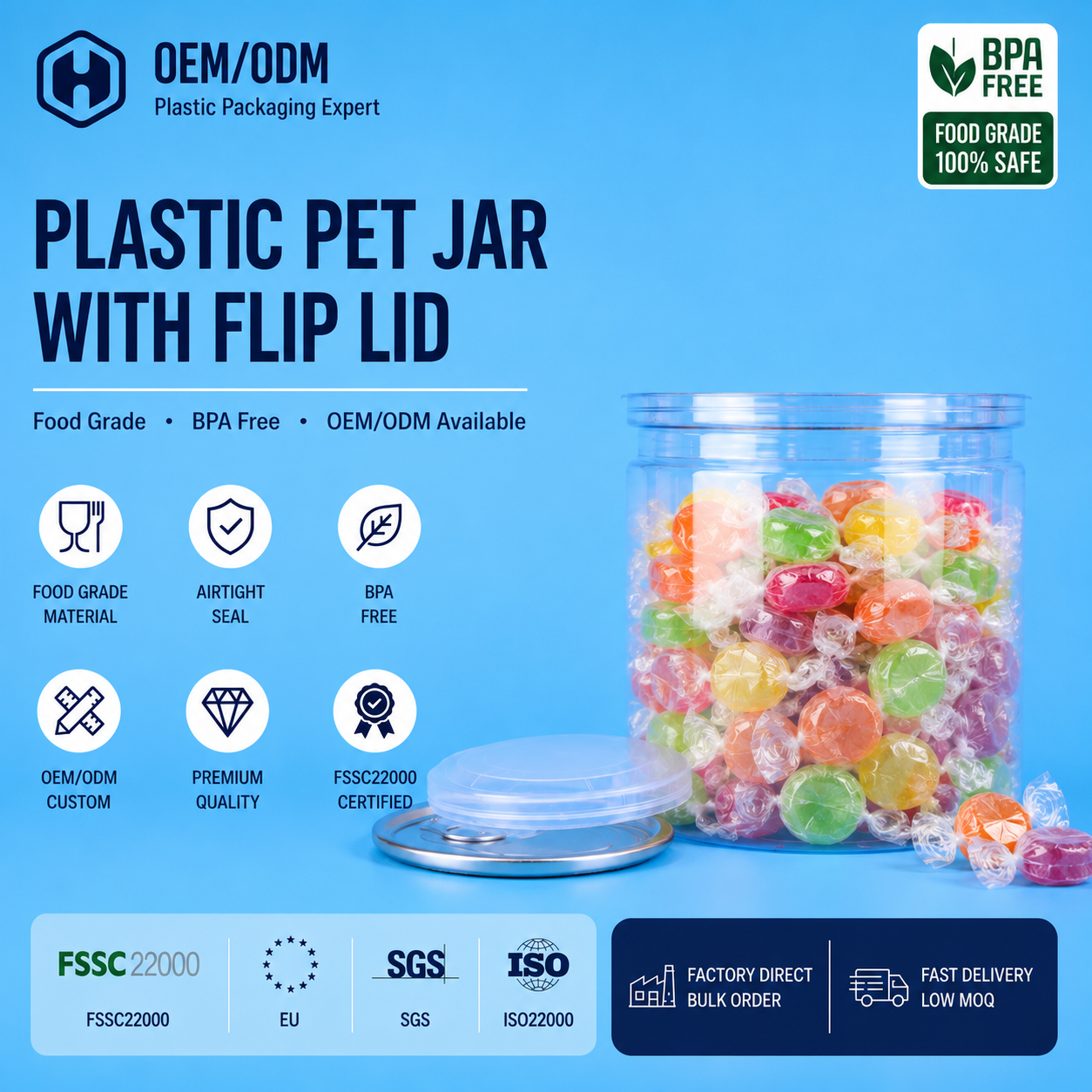PET Can With Aluminum Easy Open Lid For Nuts Candy And Dry Snack Packaging