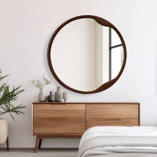 Wall Mounted Asymmetrical Walnut Wood Framed Bathroom Mirror For Hotel