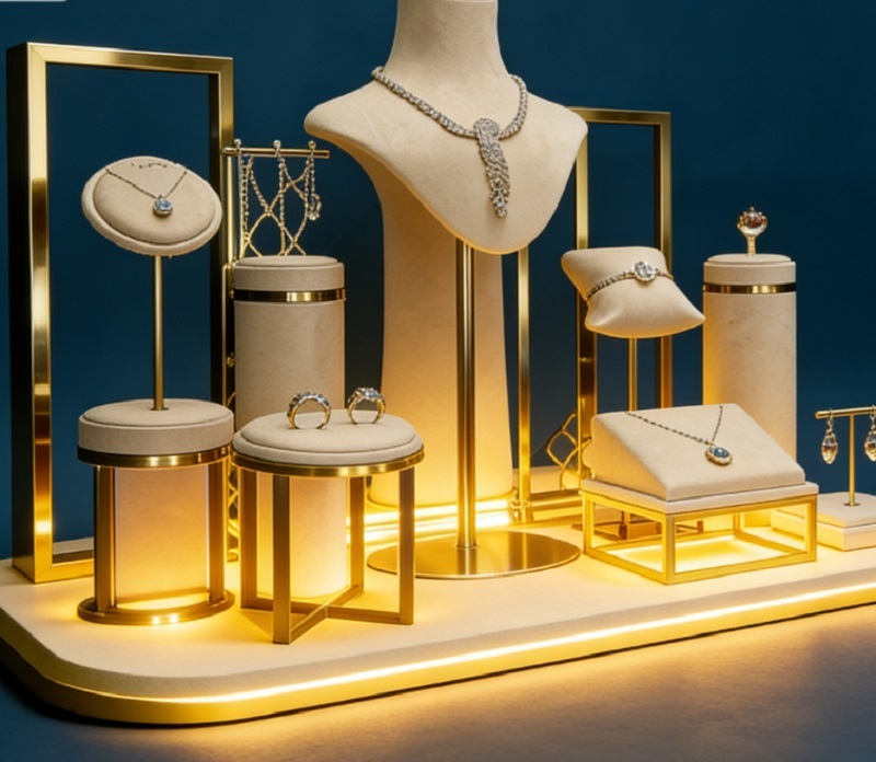 Luxury LED Illuminated Jewelry Display Set with Premium Soft Beige Velvet and Gold Metal Frame
