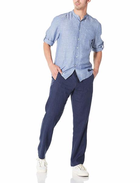 Xxxl Breathable Pure Linen Mens Long Sleeve Shirts Rolled Up With Band Collar