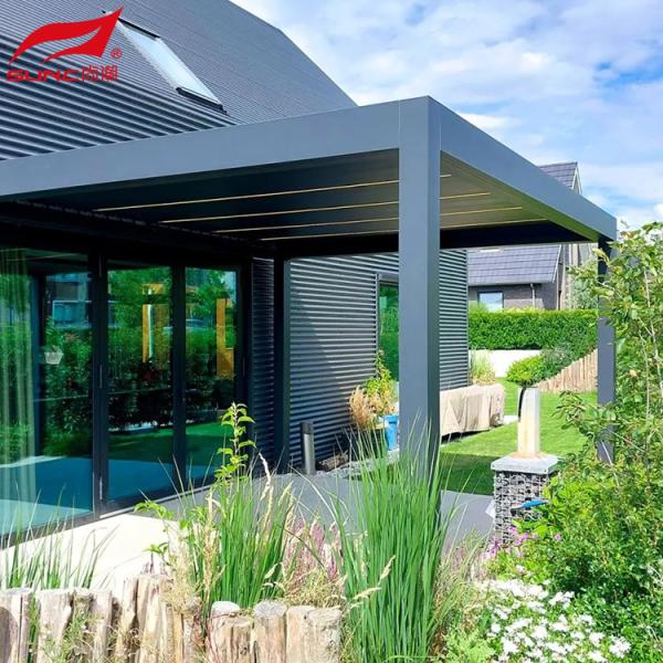 Jardim de alumínio controlado remotamente Pergola à prova de água e vento Gazebo ao ar livre