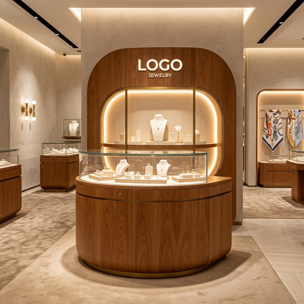 Curved Wooden Jewelry Island Counter with Glass Display Cabinets and LED Lighting
