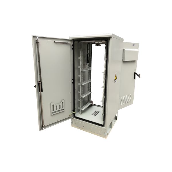 32U Outdoor Aluminum Cabinet,  Dual Cooling Fans,  LED Lights,  24 Port CAT6A Patch Panel,  Cable Manager and Door Sensors