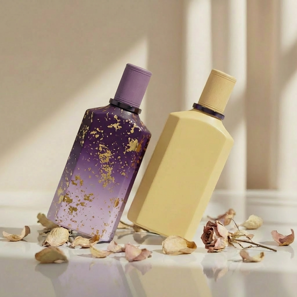 Empty Glass Perfume Bottles 100ml Flat Geometric Crimp Neck Ribbed Cap Spray