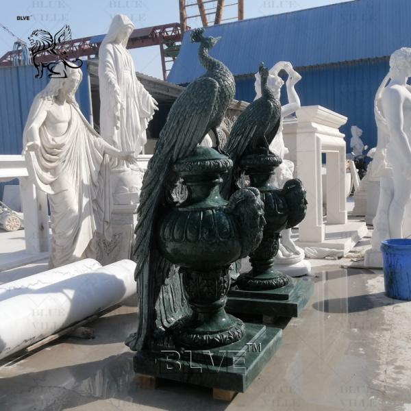 Green Marble Peacock Statue Sculpture Life Size Natural Stone Carvings Animal Sculptures Garden Home Decoration