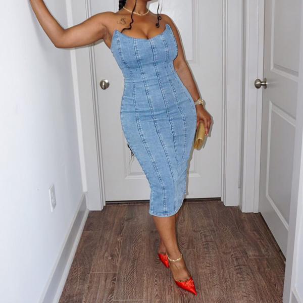 Горячие вечерние платья для женщин Французский пластырь Синий Тенцель Тонкий Джинс стиль