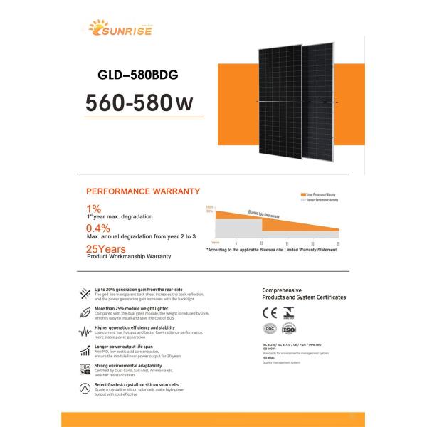 Strong Environmental Adaptability 560-580W GLD-580BDG Solar Panel with and 132 Cells