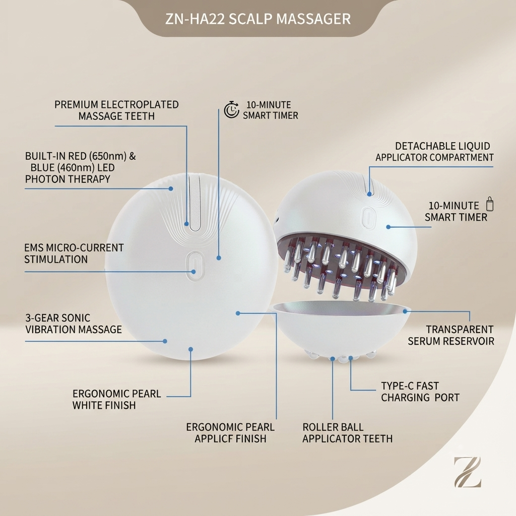 ZN-HA22 Multi-Functional 3-in-1 EMS Red & Blue Light Scalp Head Massage Brush and Hair Growth Liquid Applicator
