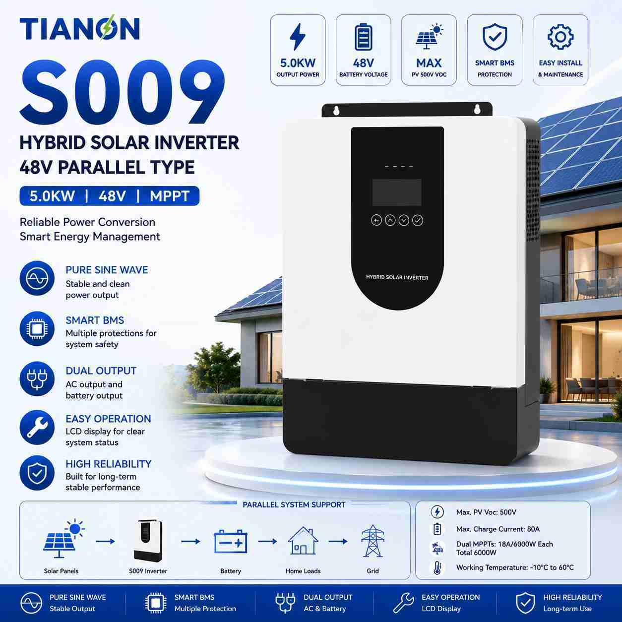 5KW 48V Parallel Solar Hybrid Inverter 6000W MPPT 80A Charging 9 Units Parallel