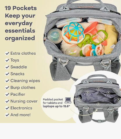 Baby Diaper Bag with Changing Station, Waterproof Diaper Bag Backpack for Moms Dads with USB Charging Port, Baby Shower Gifts, Baby essentials,Grey