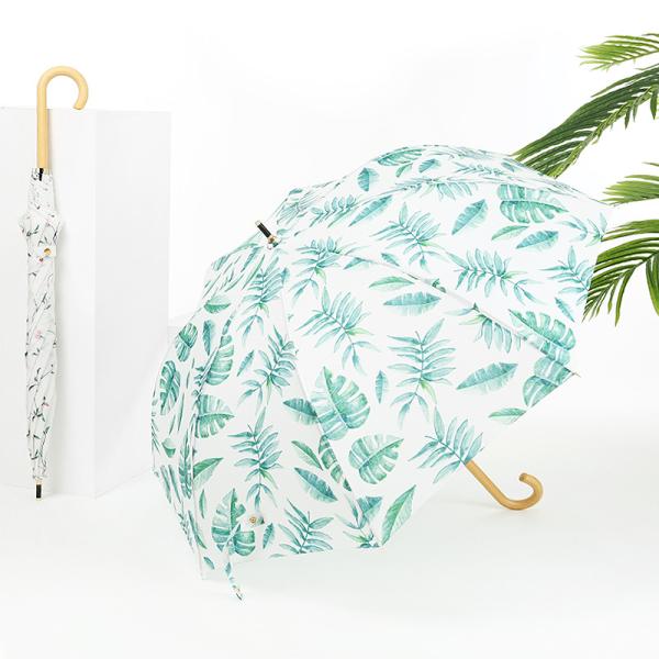Fresh Design Leaf Cherry Wooden Handle Straight Umbrella Automatic Open Waterproof Fashion Umbrella