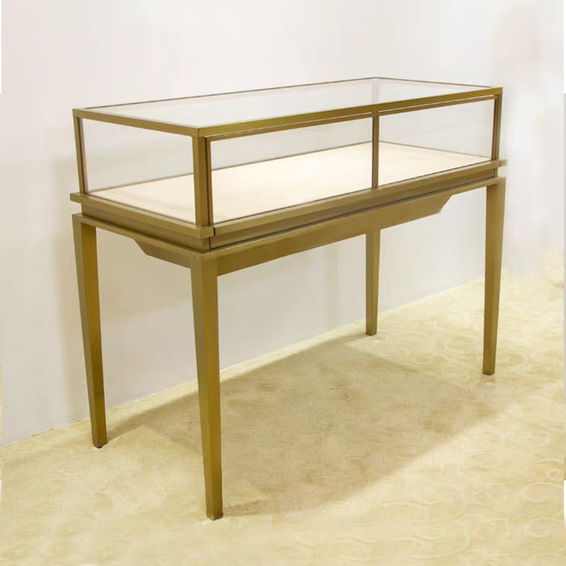 Luxury Champagne Gold Tall Pedestal Jewelry Display Case with LED Lighting Lockable Glass Top Modern Museum Style