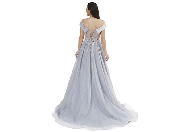 Grey Blue Off The Shoulder Maxi Evening Dresses Tulle Organza Fabric Type
