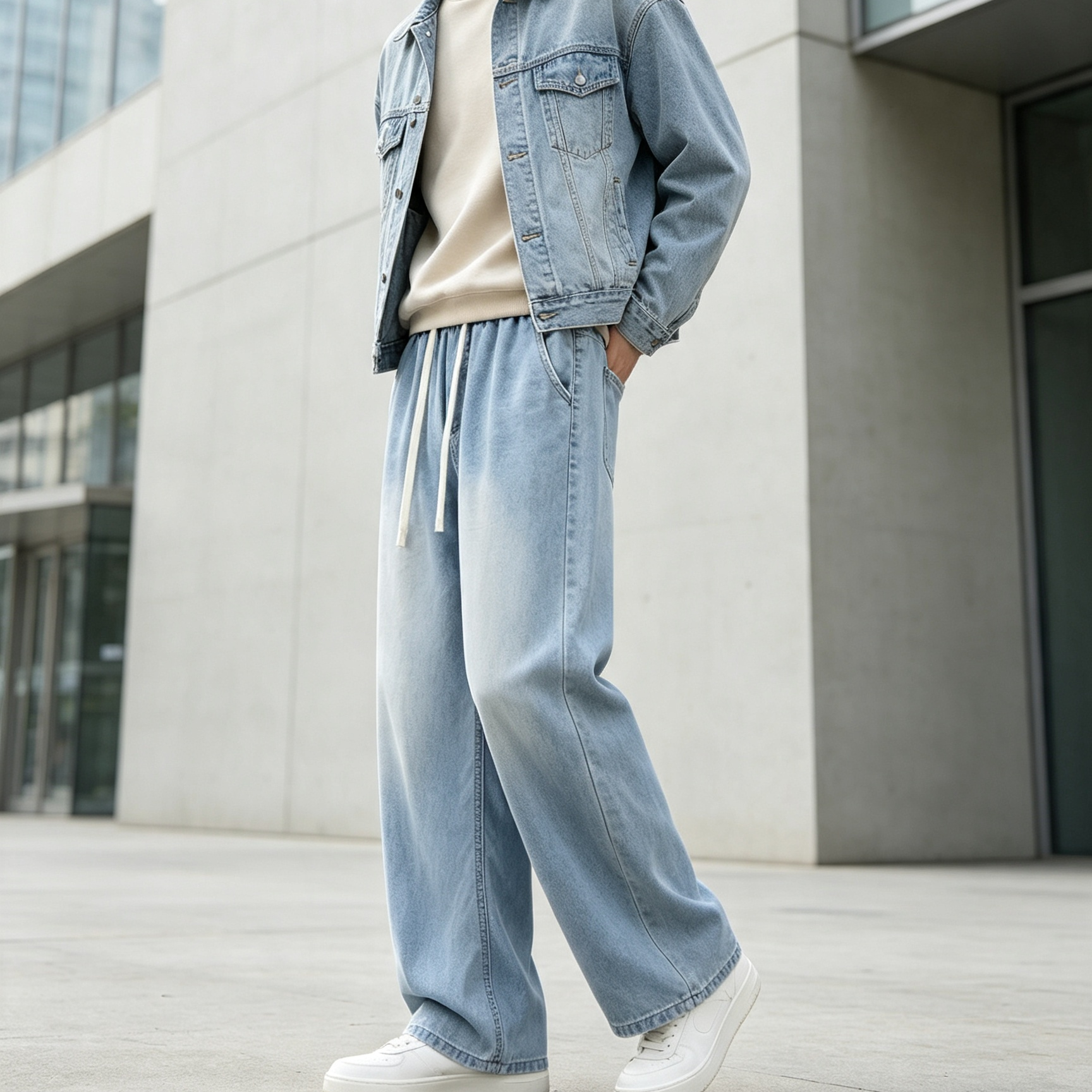 Lightweight Washed Denim Pants Wide Leg Denim Jeans Elastic Drawstring