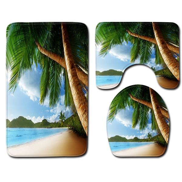 Washable 3 Piece Toilet Mat Set Sea And Sand Beach Scene Bath Mat