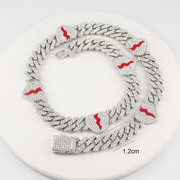Men Women Hip Hop Jewelry 12mm Red Heart Link Cuban Chain Necklace Bracelet Wholesale