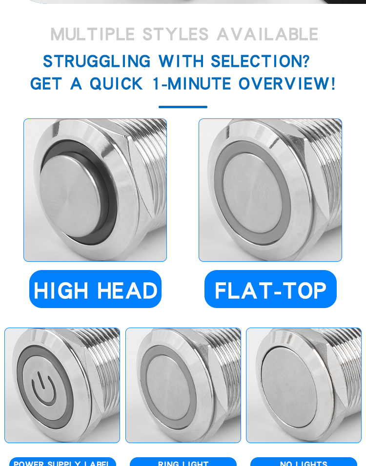19MM metal button self-reset self-locking with light, two normally open, two normally closed, 6 or 8 pins, round waterproof double-throw switch