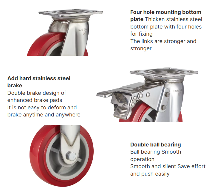 4/5/6/8 Inch Swivel Red Pu Wheels Stainless Steel Customized Heavy Duty 360 Degree Castor Wheel with Lock