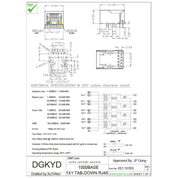 Single Port Gigabit Ethernet 10 Pins PCB RJ45 Modular Jack, G/Y Led