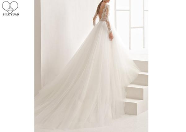 Simple Elegant Deep V Neck Wedding Gown Long Sleeve Backless Tulle Big Tail