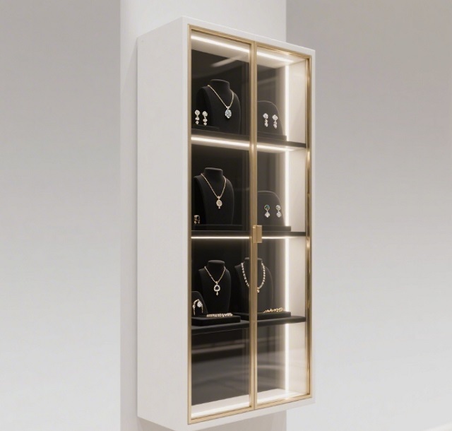 Rounded Corner Island Jewelry Display Counter | Cream Body Rose Gold Trim | Glass Showcase LED Lights | Durable Luxury Malls