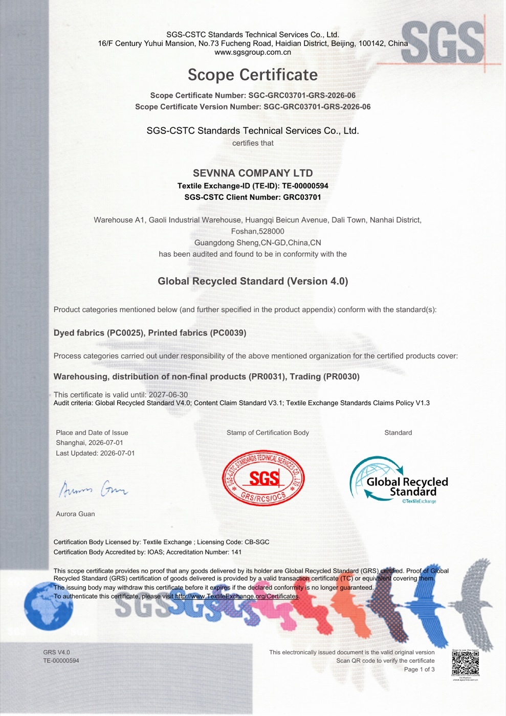 SEVNNA TEXTILE Certifications