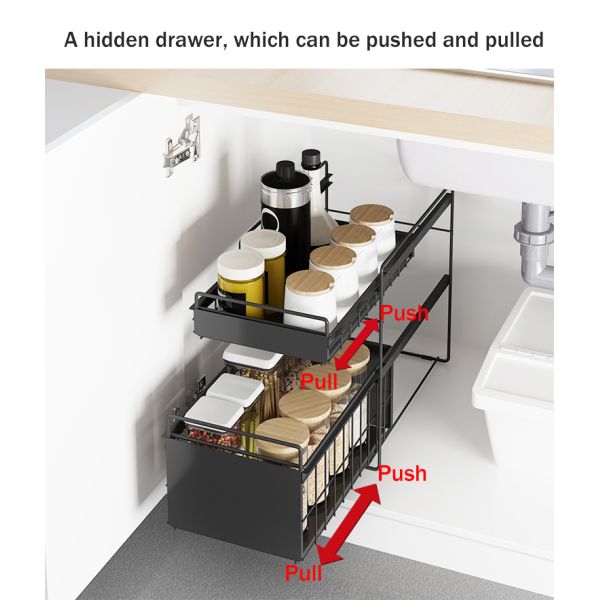Bathroom Kitchen Stackable Double-layer Pull-out Storage Basket Spice Rack Basket  Under Sink Organizer Bathroom Shelf