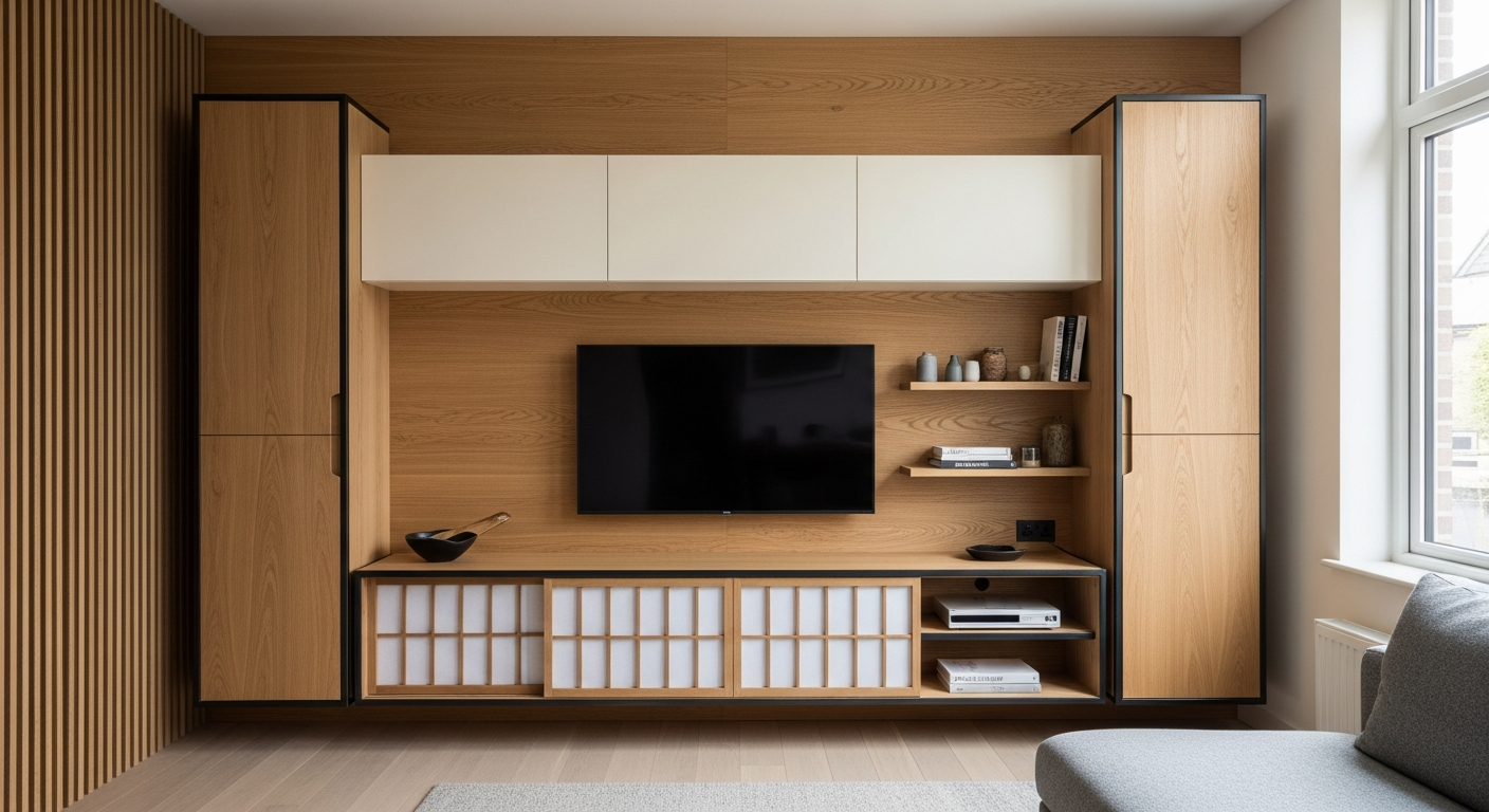Japandi Oak Media Console with Shoji Screens in 304 Stainless Steel