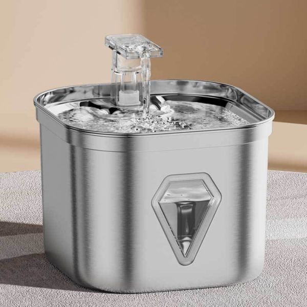 2.5L Stainless Steel Automatic Pet Water Fountain Portable Pet Dispenser Water Level Window Charge Power Source for Cats Dogs