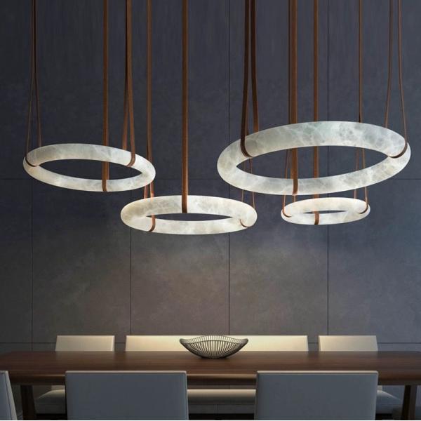 Роскошная кожаная люстра Мраморный круг Кухня Гостиная Креативное искусство Алабастр Светлая висячая лампа