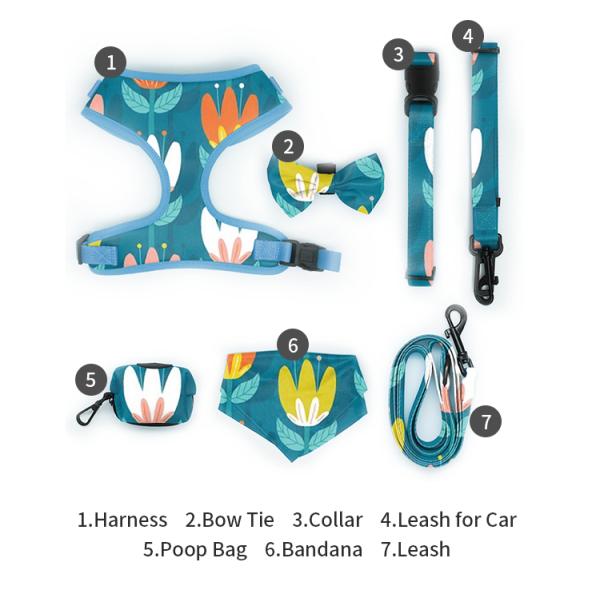 Polyester Leopardo Impresión Arnés de mascotas Conjuntos de logotipo de collar ajustable correa de malla Arnés para perros