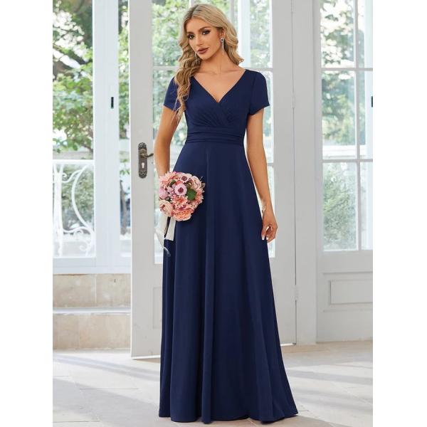 Sexy Custom Size V-neck Simple Pleated Empire Waist A-line Short Sleeve Dusty Rose Satin Evening Dress
